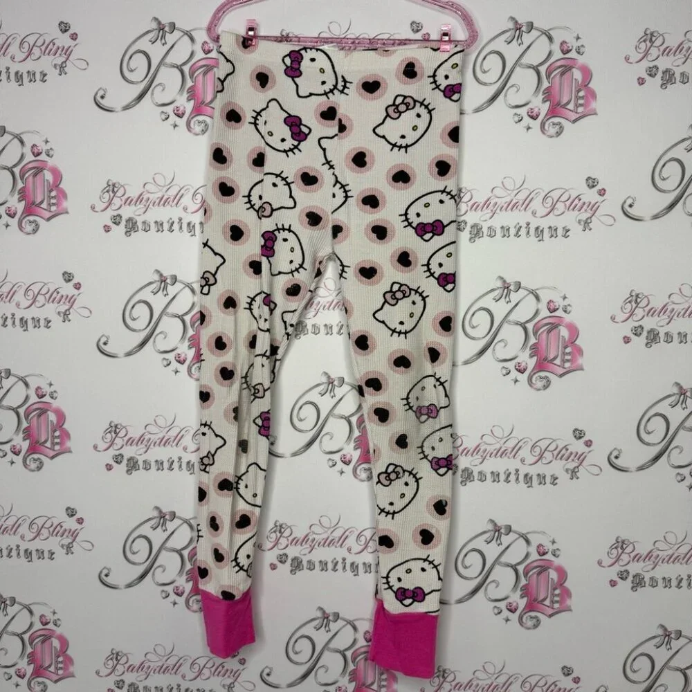 Hello kitty leggings waffle knit thermal cat pants kids cute pink stretchy